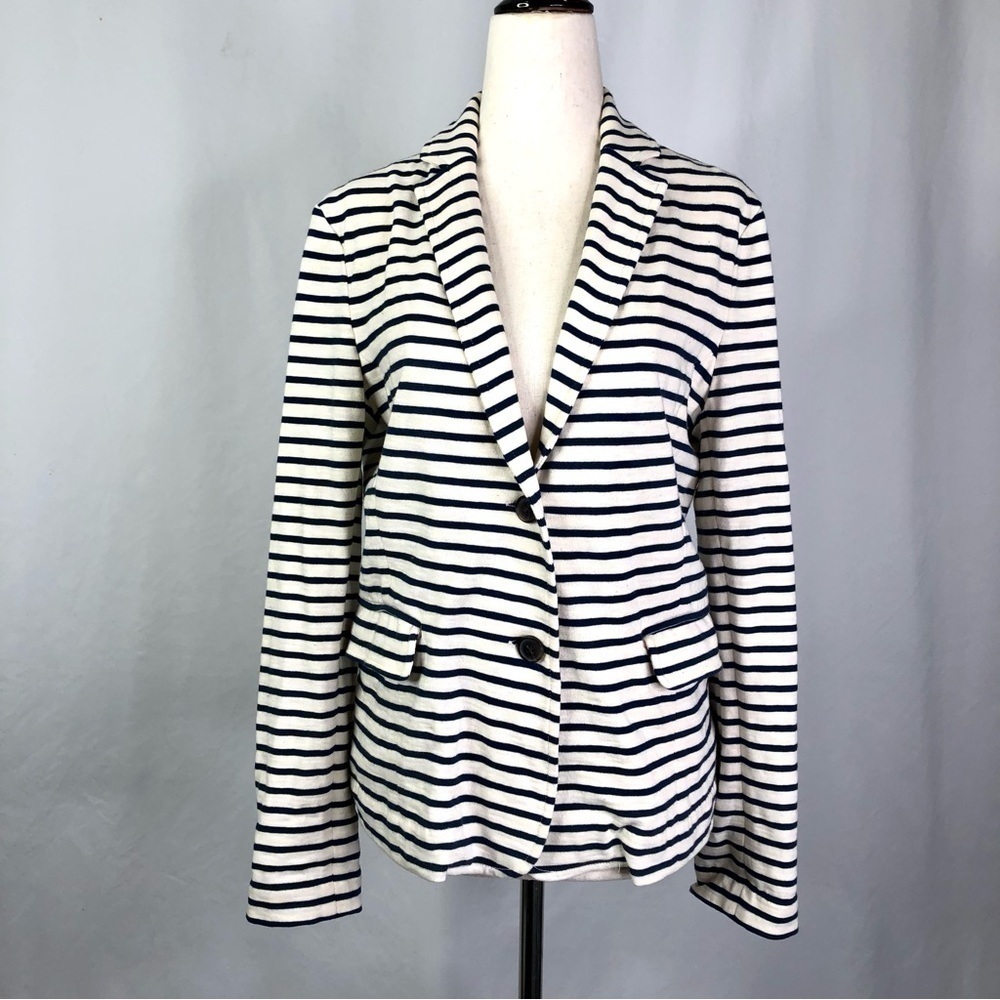 J. Crew striped knit casual blazer two buttons single breasted white navy M